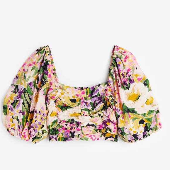 Puff-Ballon Sleeved Crop Top - Light pink/Floral - Picture 1 of 14